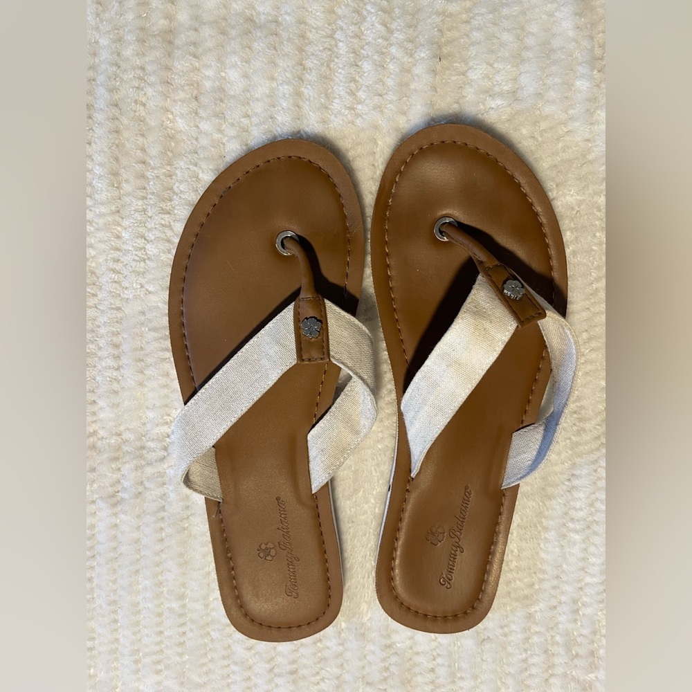 Tommy Bahama Tan and Cream Sandals for Effortless or on the beach Style